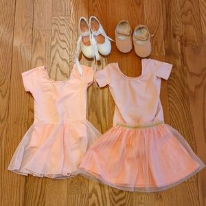 Set of 2 toddler leotards 2-3T, coordinating skirt 2T, ballet shoes + tap shoes